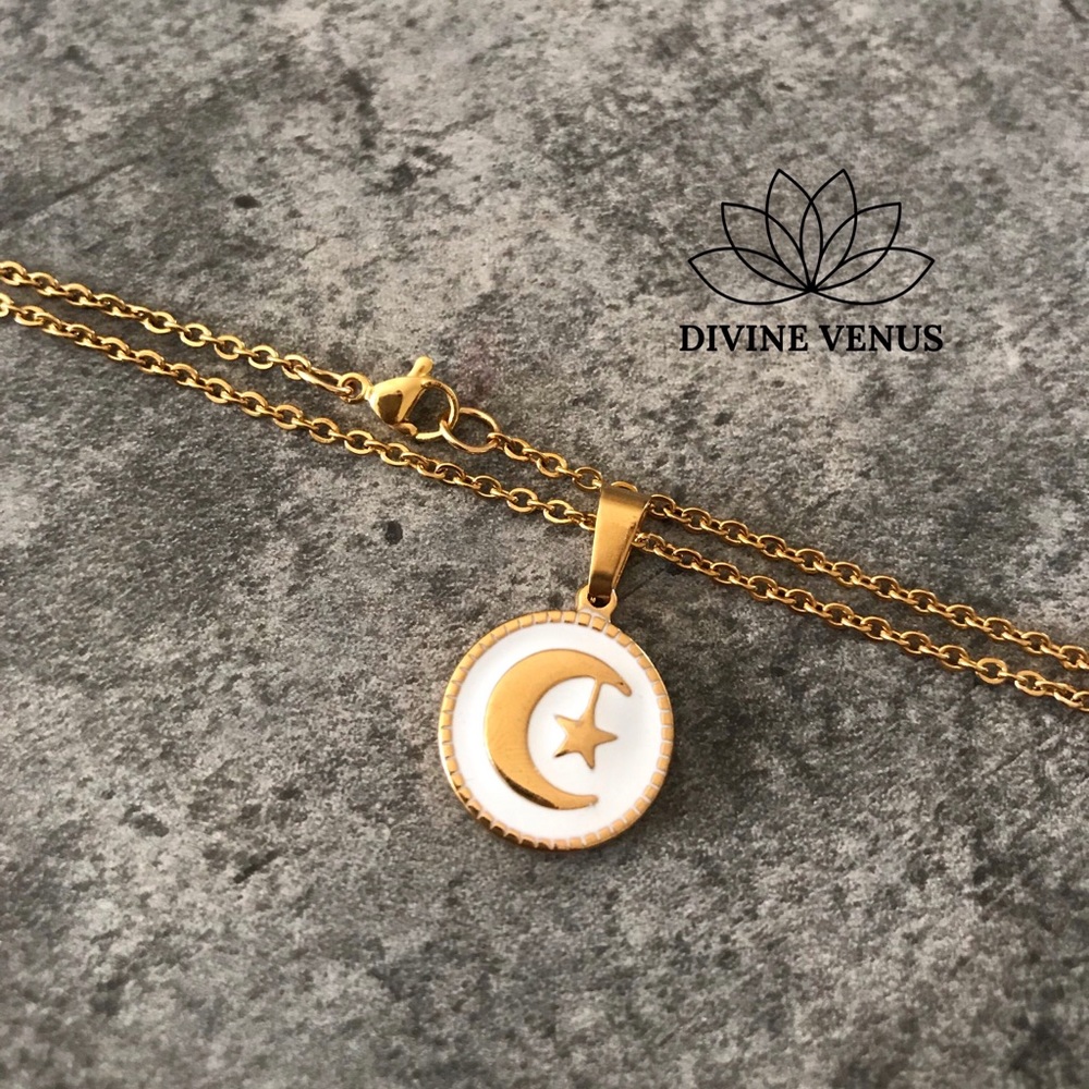 Moon Star Round Pendant Stainless Steel Necklace - Picture 2 of 8